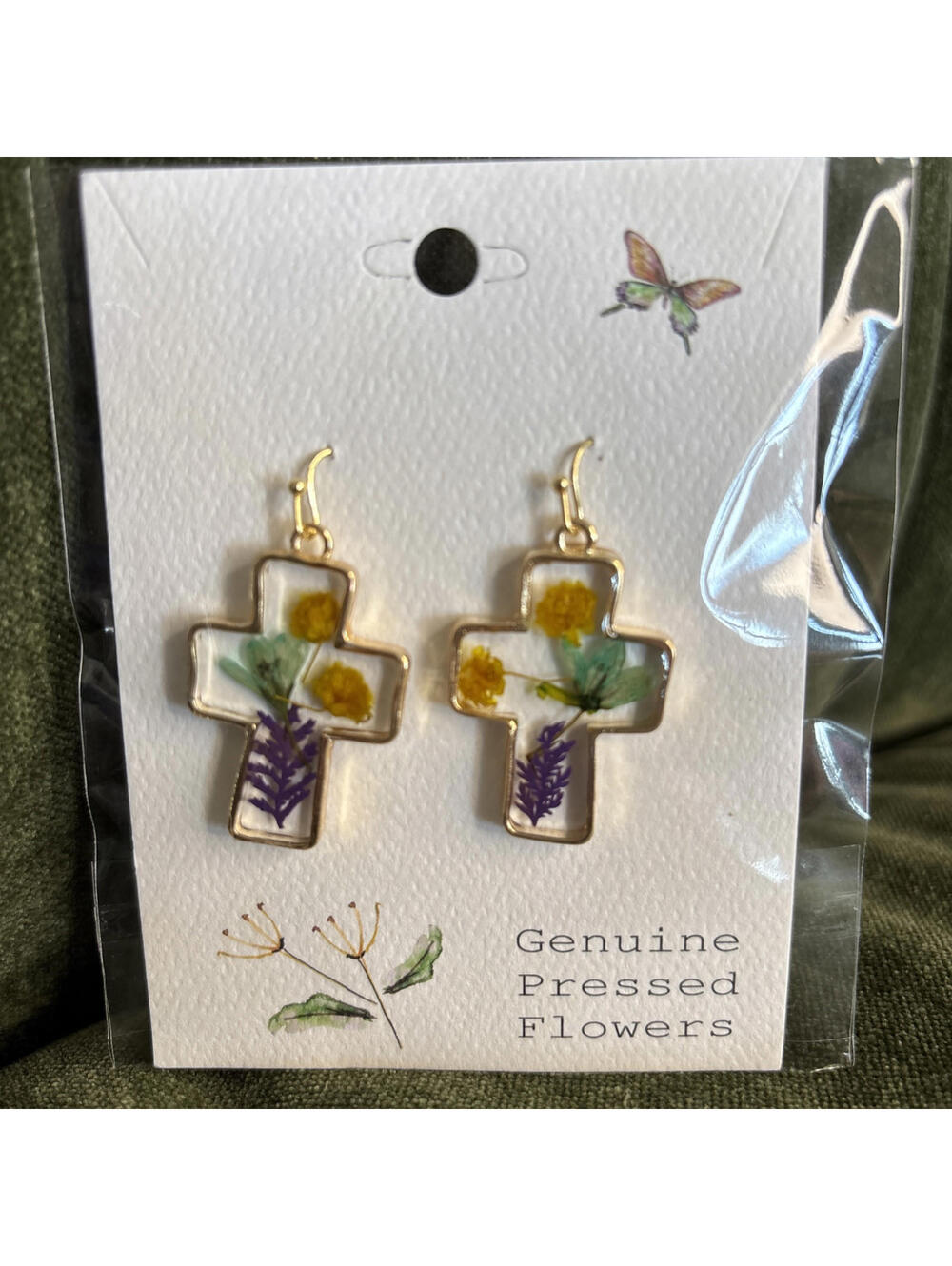Zad Earrings Women's NWT Gold Cross Dried Flower Resin Earrings